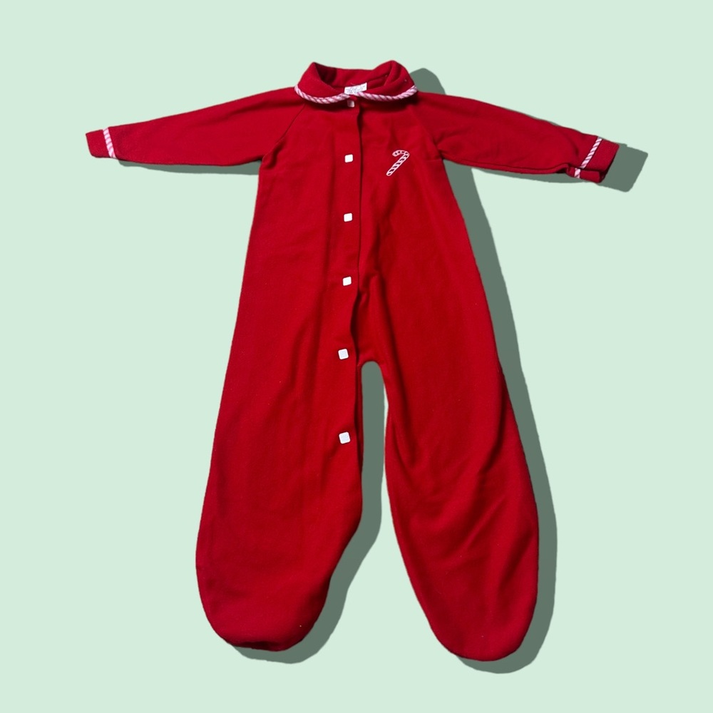 Vintage Baby Sears Red Candy Cane Fleece One Piece Holiday Pajamas